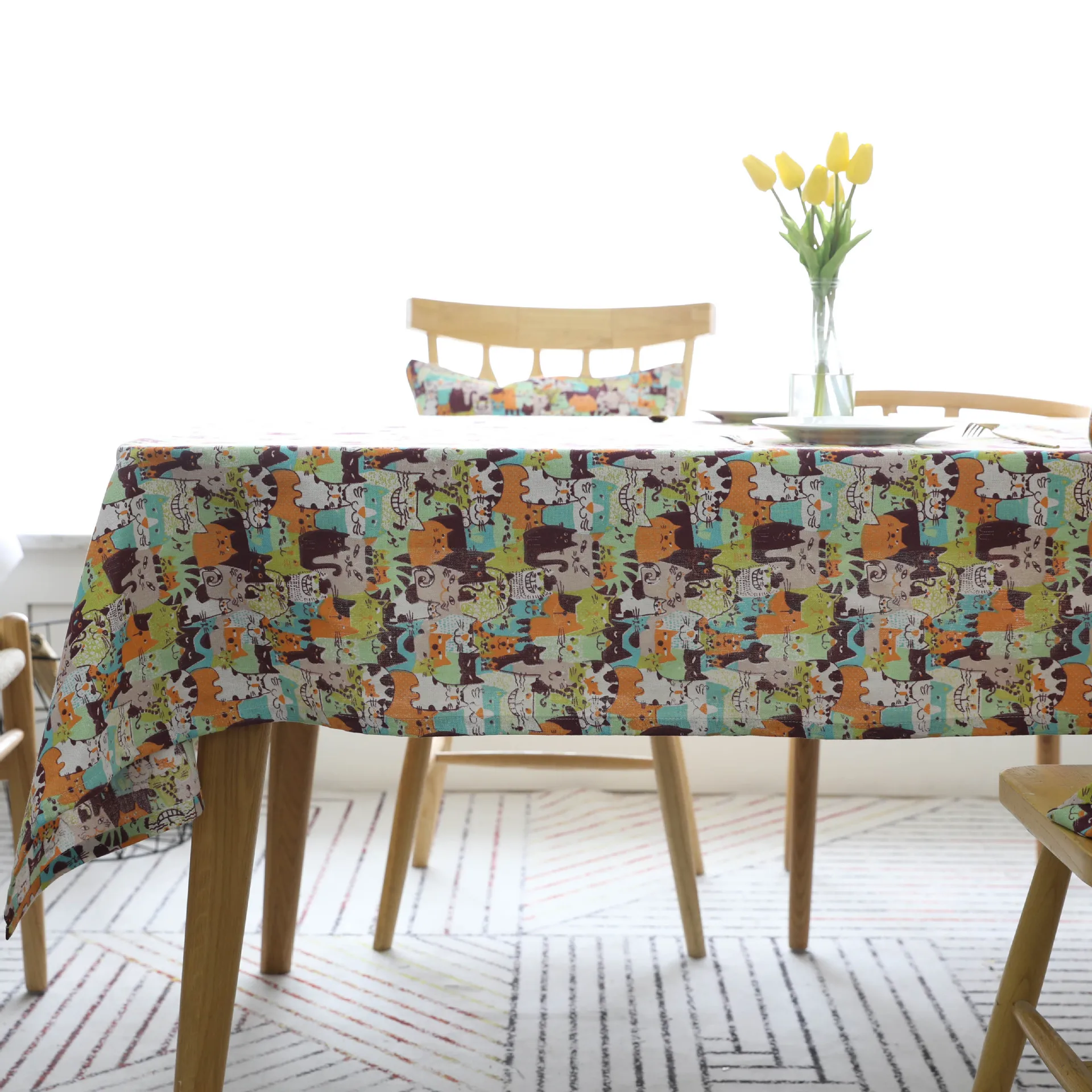 

Cartoon Tablecloth Sytlish Linen Cotton Table Cover Cloth Country Style Multifunctional Rectangle Cats Patterned Home Kitchen