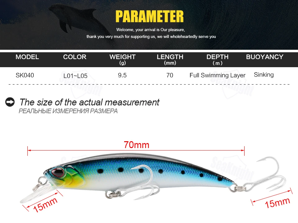 SeaKnight SK040 рыболовные воблеры приманка идущая ко дну приманки 9,5g 7 см 3in 1 шт. мелкие Карповые Пластик жесткая рыболовная приманка рыбьи Глаза 3D VMC рыболовная приманка с крючками