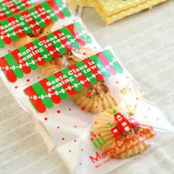 

100pcs Colorful Self-adhesive Merry Christmas Gift Candy Plastic bag Baking for Cookie and Cake OPP Jewelry Packaging Bags BZ200