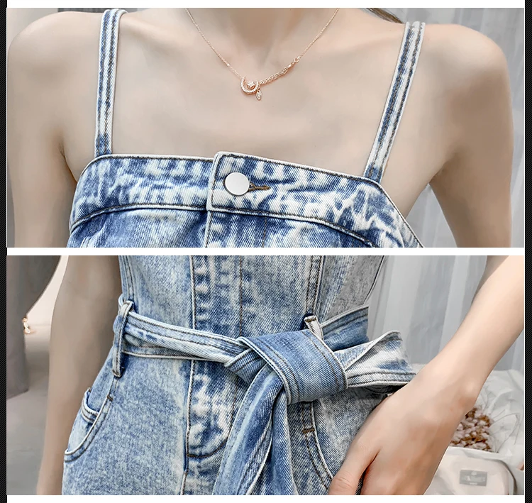 Summer Spaghetti Strap Denim Dress Women 2019 Tide Sleeveless Jeans dress Long Sundress Streetwear Irregular Slit Dresses Belted