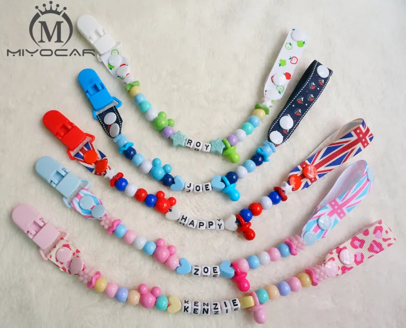 MIYOCAR Any name Hand made ribbon and beads safe pacifier clips holder