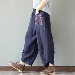 2019 женские летние повседневные длинные брюки Свободные мешковатые брюки с эластичной талией ретро принт брюки карманы льняные хлопковые