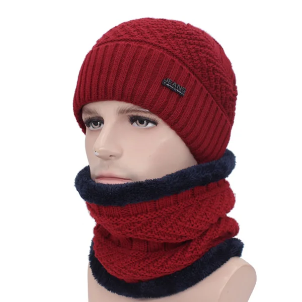 AETRUE брендовая зимняя Шапки для Для мужчин Для женщин зимняя шапочки Для мужчин шарф вязанные шапки кепки мужская маска капор Теплый Шеи Шапка-бини - Цвет: wine red set