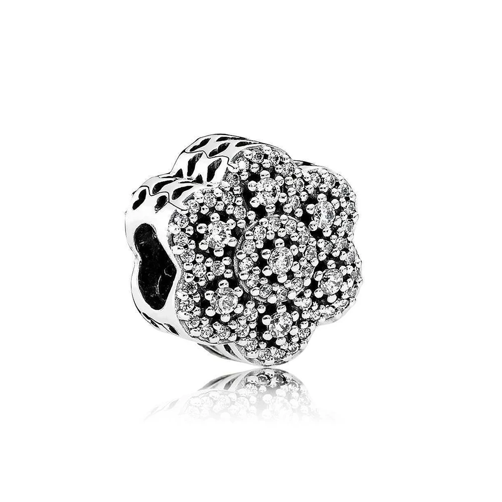 

NEW 100% 925 Sterling Silver Crystalized Floral Charm Clear CZ Charms Bead Fits Original Bracelets DIY bracelet