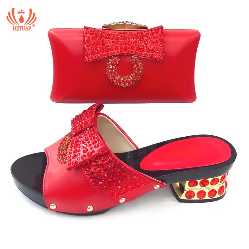 

New Arrival Elegant Women Shoes in Red Color African Matching Shoes and Bag Set for Wedding Party Low Heels with Rhinestones