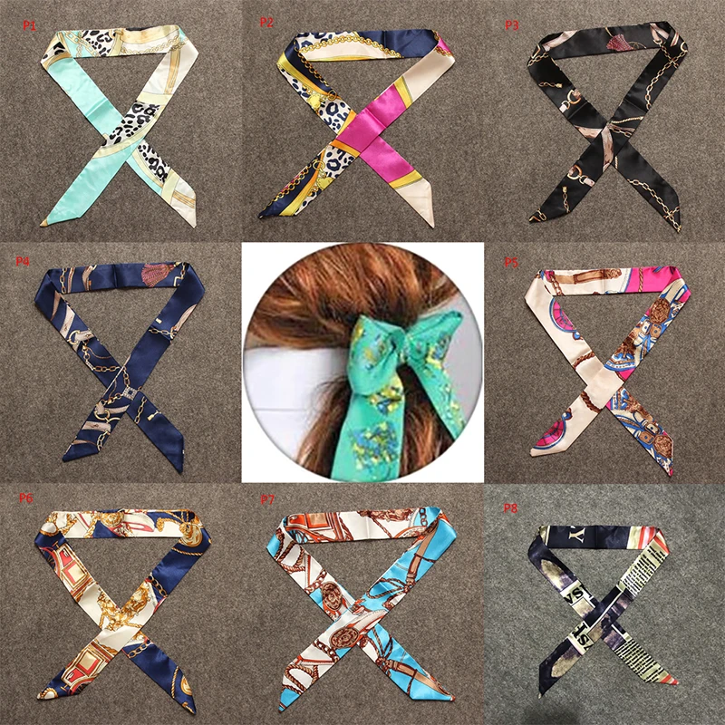 Women Silk Scarf Handle Bag Ribbons Headband Small Scarves and Wraps