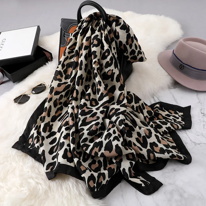 winter Leopard print cotton scarf women shawls wraps lady pashmina print oversize long neck