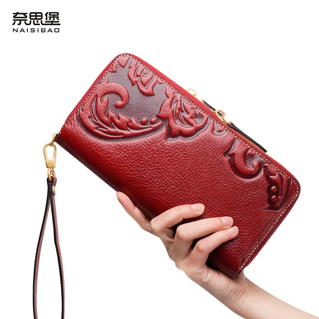 High quality Chinese style Genuine Leather Vintage female zipper purse name brand fashion flower ...