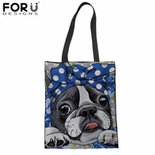 FORUDESIGNS/Льняная сумка Бостон-терьер принт Для женщин большая сумка из плотной ткани для девочек-подростков, Повседневная сумка на ремне модные ткань из переработанного материала Bolsa