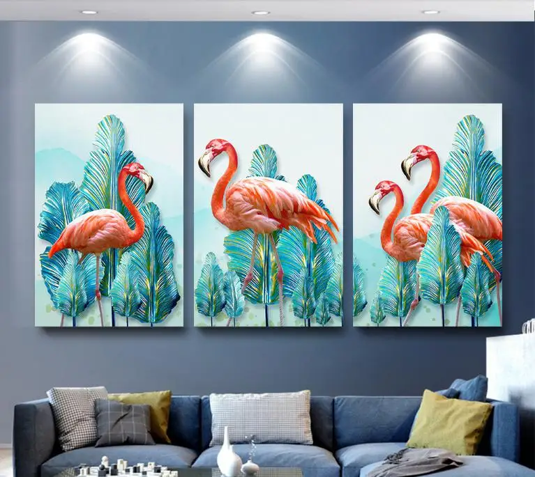 Flamingo and Green Tree 3 Piece Canvas Wall Art Picture Painting Home Decor