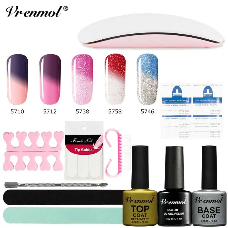 

Vrenmol 6W SUN Mini UV Nail Lamp+5 Colors Temperature Change Nail Polish+Top Base Coat Nail Primer Semic Permanent Nail Art Sets