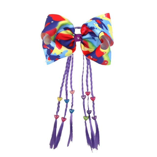 10pcs Rainbow Rhinestone Hair Bows Rubber Band For Kids Girls Tassel