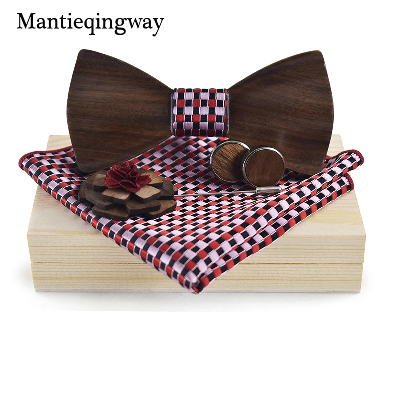 Mantieqingway Классический Боути Наборы для мужской костюм дерево галстук-бабочка брошь запонки платок рубашка Bowknots деревянный Gravatas галстук