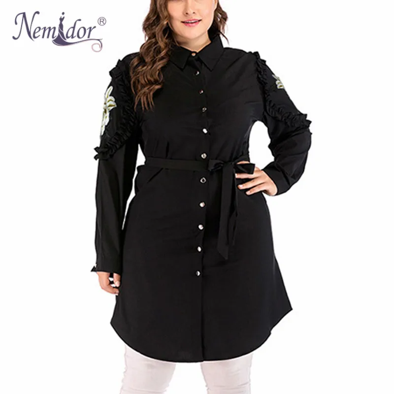 

Nemidor Autumn New Arrival Women Long Sleeve Casual Dress Vintage Turn-down Collar Embroidery Plus Size Loose Dress
