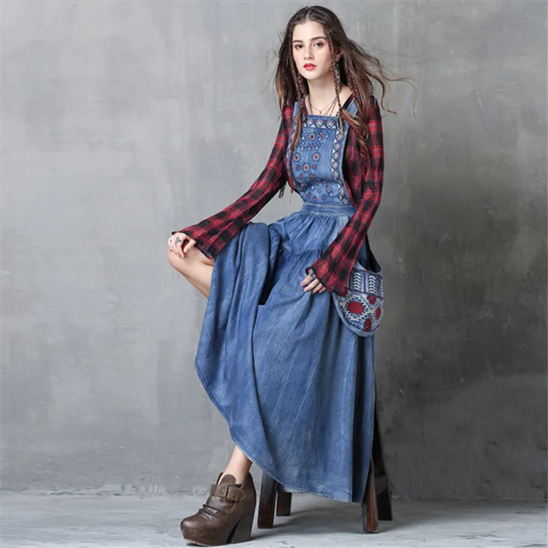 

Vintage Embroidery Denim Dress Women 2017 New Sleeveless Suspender Patchwork Pocket Women Autumn long Dresses Vestidos