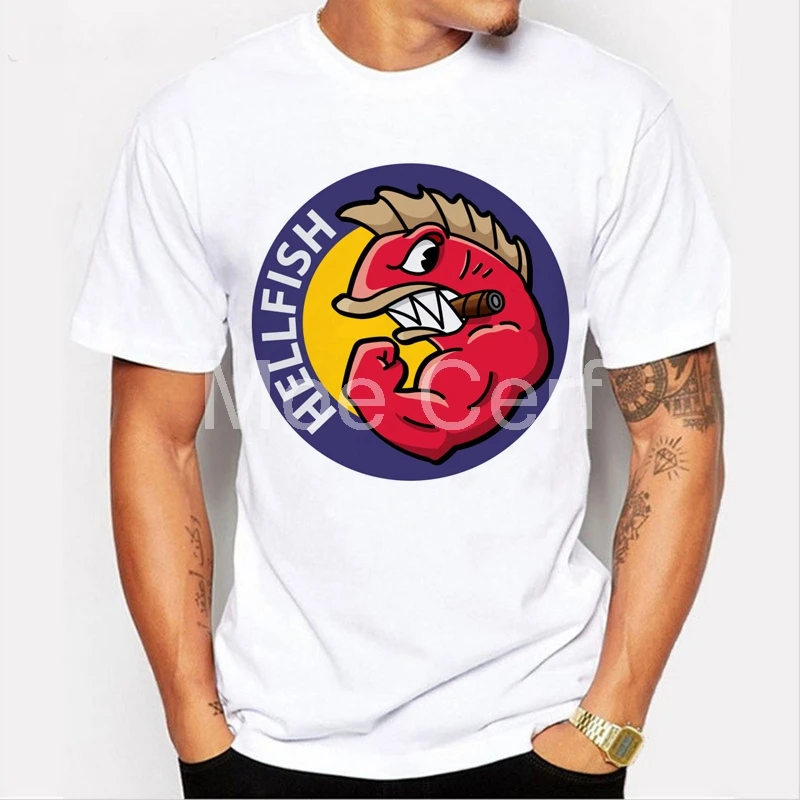 Funny Cartoon Hellfish T shirts men Comic tee shirt muscle fish T shirt