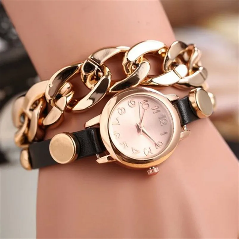 2018 Punk style watch women Gold Dial Leather Chain Wrap Analog Quartz