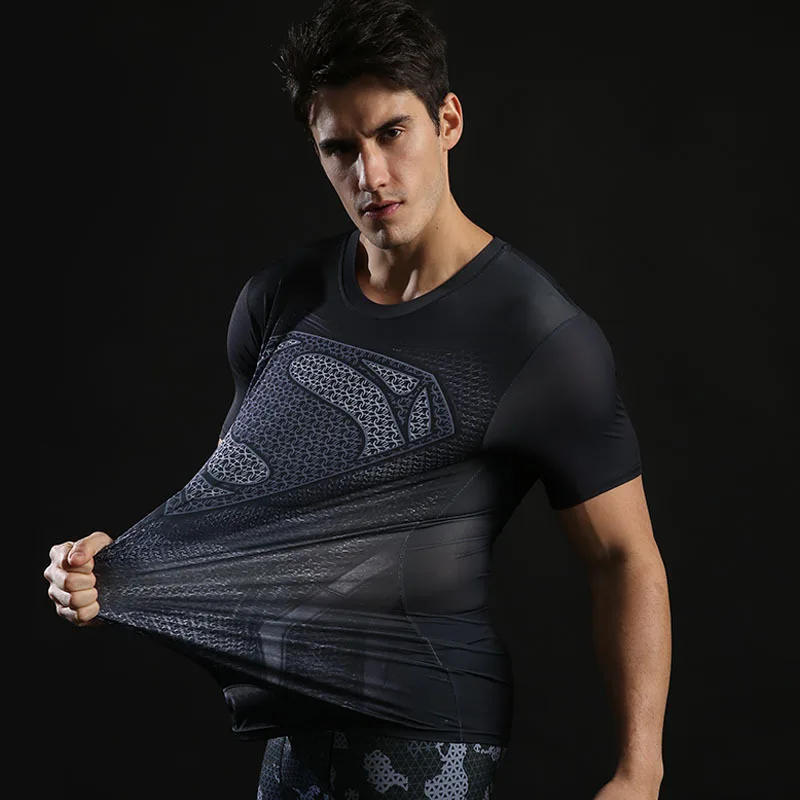 

Superman Tight clothes man S painting running shirt sportswear gym shirt High elasticity Short sleeve shirts Stretch body build