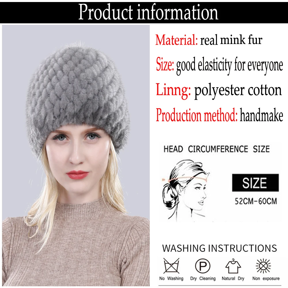 Женская зимняя вязаная шапка из 100% натурального меха норки, натуральная теплая, хорошая эластичность, меховая шапка для русской леди