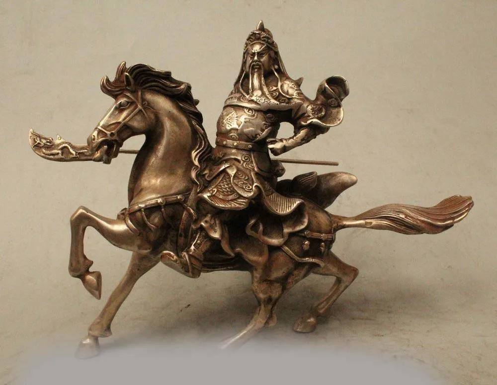 

7" China Folk Silver General Guan Gong Yu Warrior God Ride Horse Running Statue