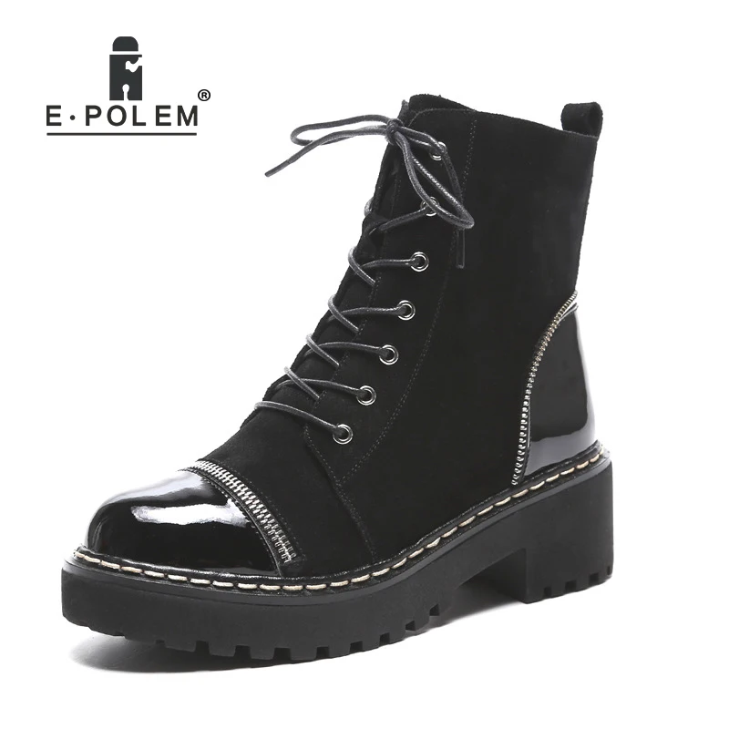 

Genuine Leather Riding Boots Equestrian Boots for Women Patchwork Cow Leather Zip Ankle Knight Boots Round Toe Cross-tied Boots