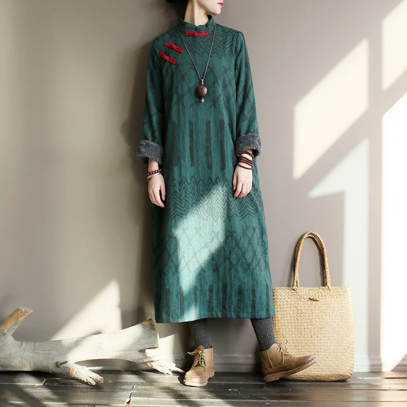 Зимнее женское платье в китайском стиле, хлопковое, плотное, теплое, Осеннее, винтажное, элегантное, зимнее, длинное платье, халат, A400 - Цвет: Зеленый
