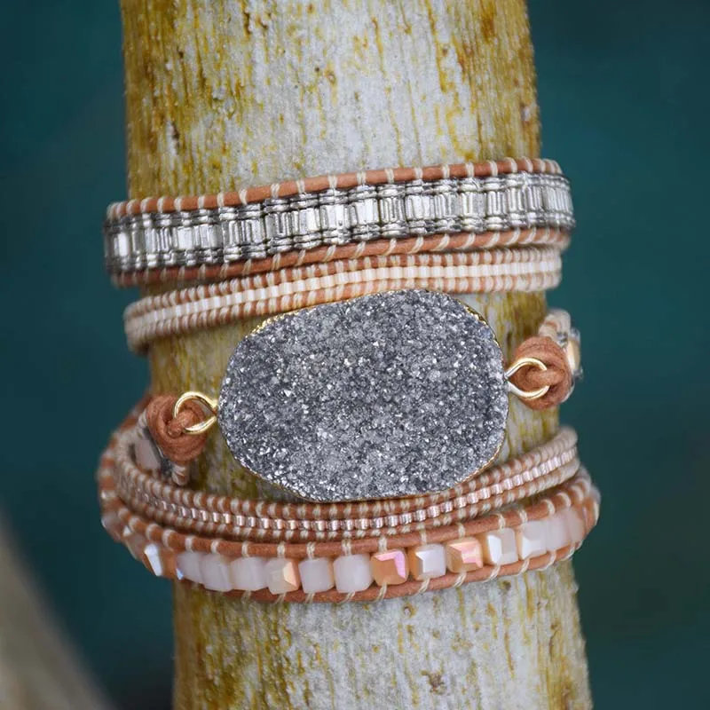 

Big Natural Grey Druzy Stone Bracelet Vintage Leather Wrap Bracelet Boho Miyuki Seed Beads Wraps Dropship