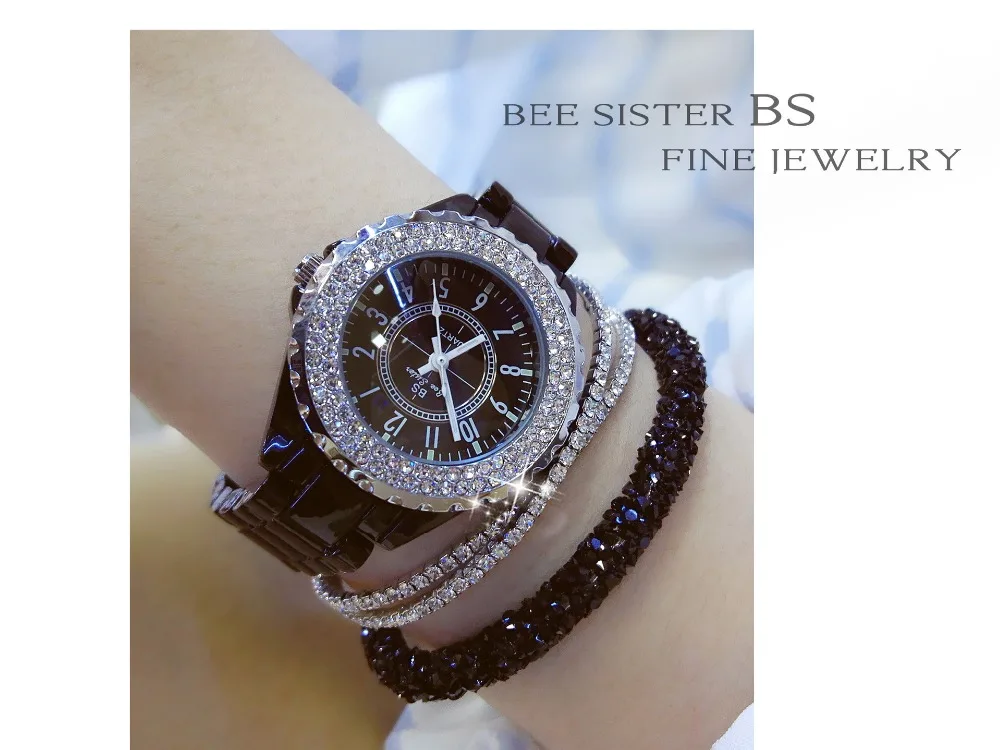 Кварцевые часы со звездным светом, Relogio Feminino, роскошное платье, женские часы, белая керамика, бриллиантовые стразы, наручные часы