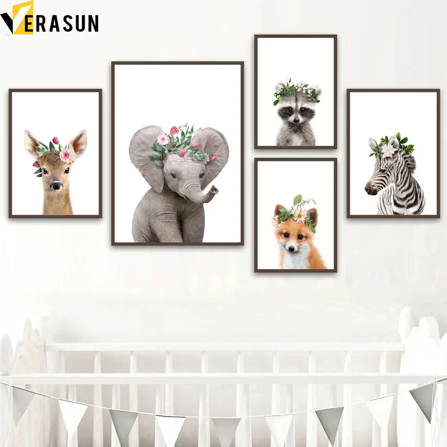 

Baby Elephant Deer Zebra Fox Raccoon Wall Art Canvas Painting Nordic Posters And Prints Animal Wall Pictures For Kids Room Decor