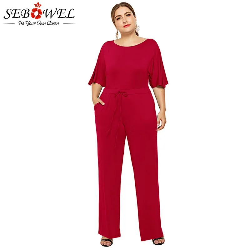 

SEBOWEL Plus Size Casual Wide Leg Short Sleeve Summer Jumpsuit Woman Female Loose Solid Lace Up Romper and Jumpsuits Size L-XXXL
