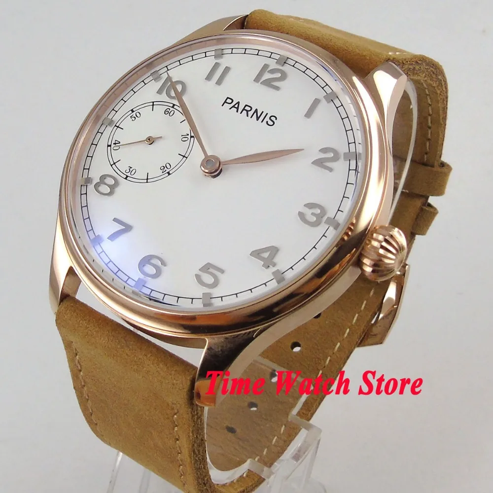 

Parnis 44mm Golden case white dial golden hands 17 jewels mechanical 6497 hand winding movement men's watch 1043
