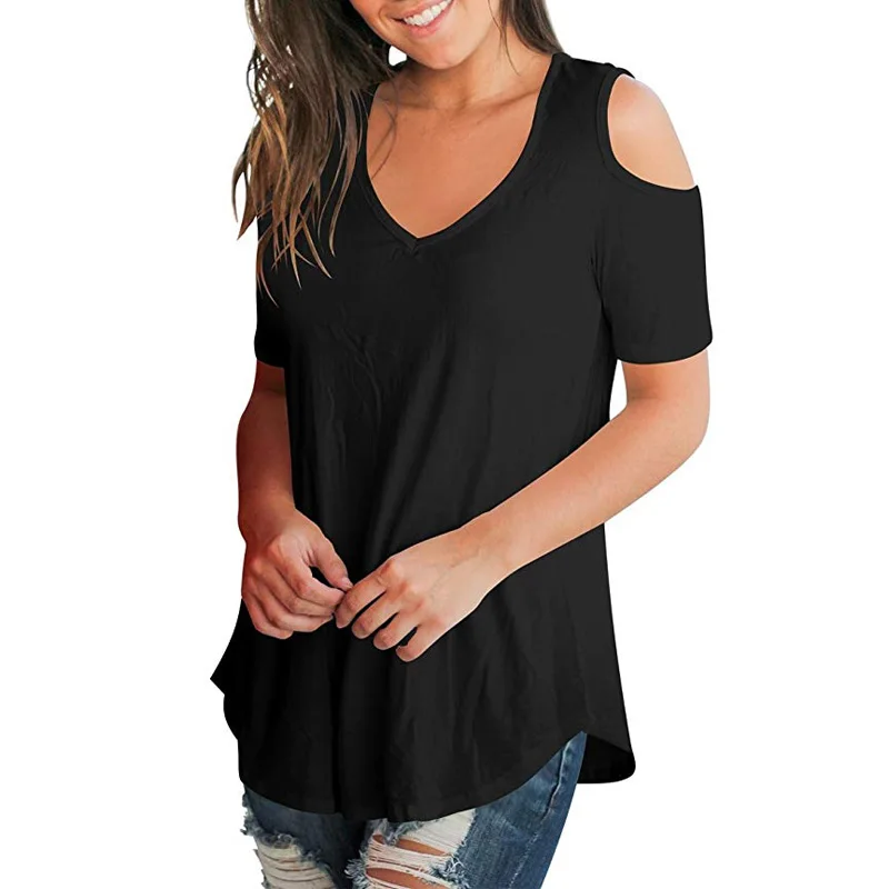  Women Blouses Womens Casual Short Sleeve Cold Shoulder Tunic Tops Loose V Neck Blouse Shirts Short 