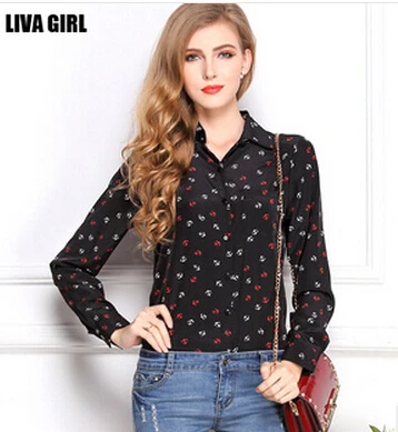 

Cheap Lady Summer Vintage Design Chiffon Long Sleeve Black /White Boat Anchor Print Shirt Plus Size XL Women Blouse FreeShip T31
