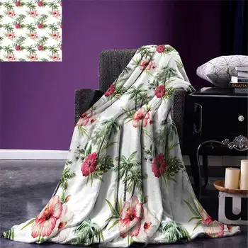 

Blanket Aquarelle Effect Palm Trees Hibiscus Flowers Romantic Summer Bloom Warm Rectangle Blanket Pale Pink Ruby