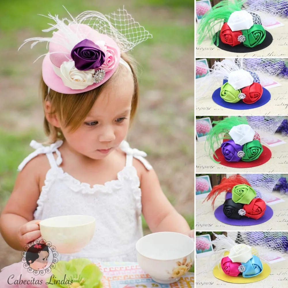 Mini Top Hat Rose Flower Headband Red Black Feathers Cap Fancy Costume Accessory