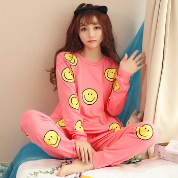 

Women Warm Pajama Sets Cotton Homewear Smile Printing Sleepwear Women Sleepwear Soft Nighties Pajamas