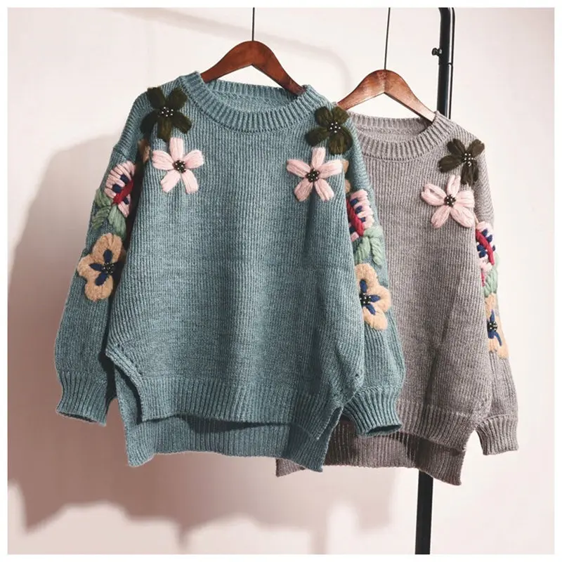 Woherb, осень, элегантный вязаный свитер с цветочной вышивкой, женский свободный винтажный пуловер, Sueter Mujer, джемпер, Pull Femme 20111 - Цвет: Синий