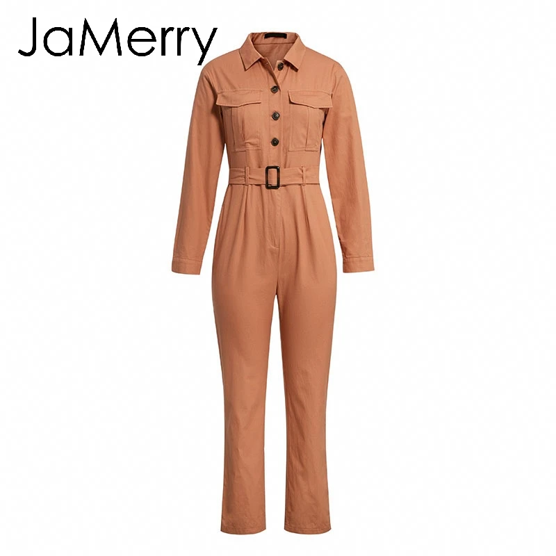 JaMerry Vintage casual cargo cotton women's jumpsuit Sashes orange pocket sports jumpsuit overall Solid autumn winter romper