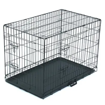 

Black Pet Folding Wire Cage Double Open Door Cat Dog Cage With Divider Bar And Plastic Tray Travel Pet Kennel Supplies