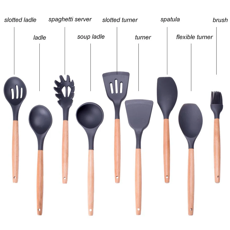UPORS 9Pcs Silicone Cooking Tool Set with Wooden Handle Kitchen Accessories Soup Ladle Spoon Slotted Shovel Kitchen Utensils Set