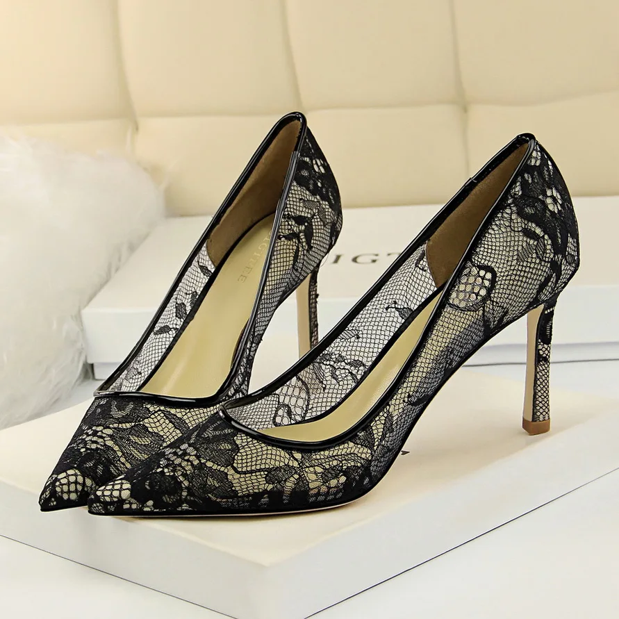 

Bigtree High Heels Women Dress Shoes Fashion White Wedding Shoes Sexy Lace Heels Bridal Shoes Black/Silver Heels