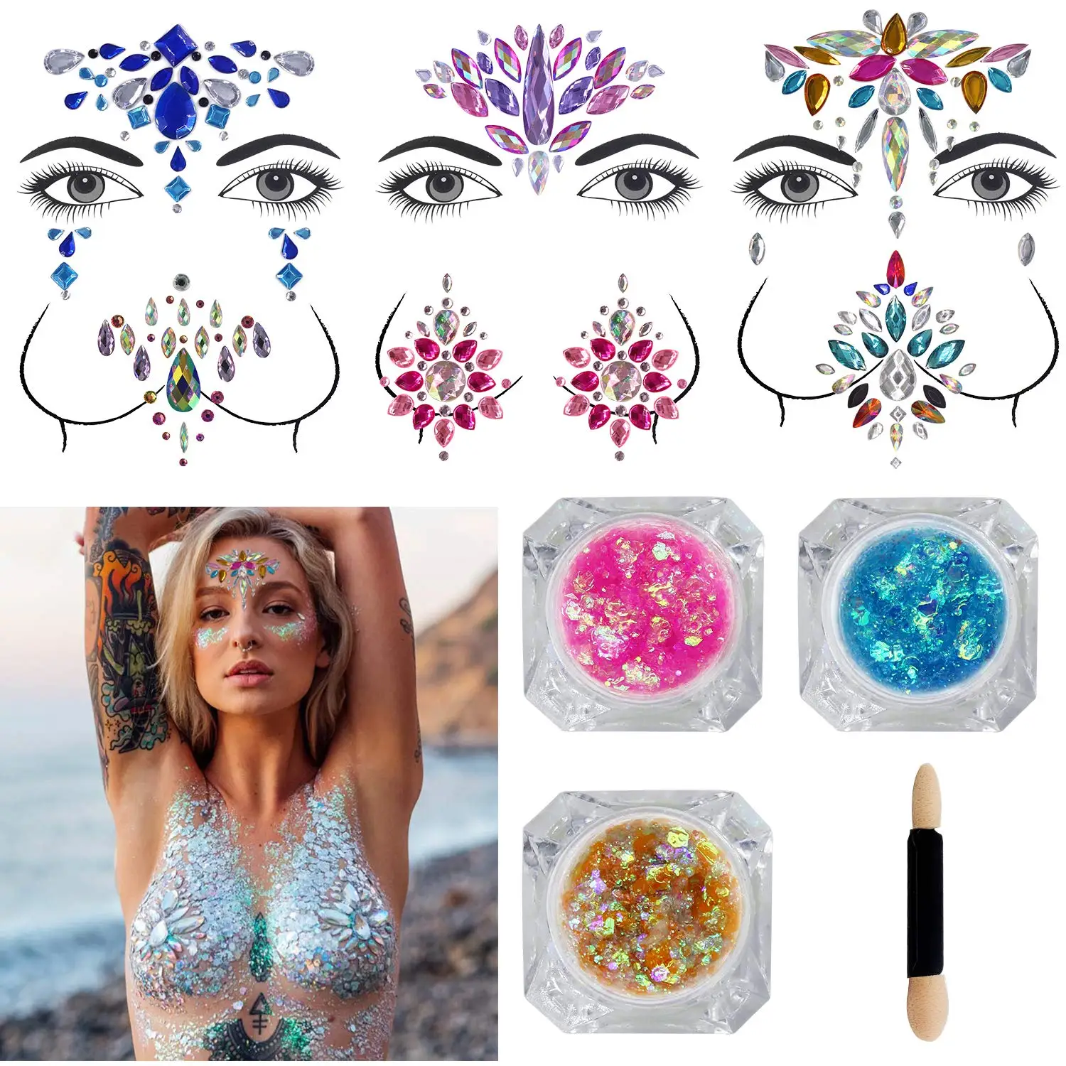

FEECOLOR 6 Sets Women Mermaid Face Gems Glitter Breast Nipple Body Jewelry Stickers with 3 Boxes Chunky Glitter Eyes Face Body