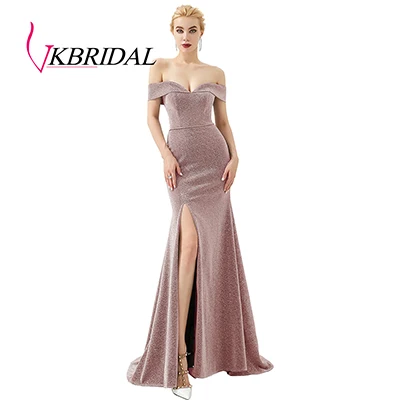 VKbridal сексуальное платье с открытым плечом и Высоким Разрезом Длинное Сверкающее вечернее платье Русалка платья блестящие платья подружки невесты Плюс Размер - Цвет: Blush