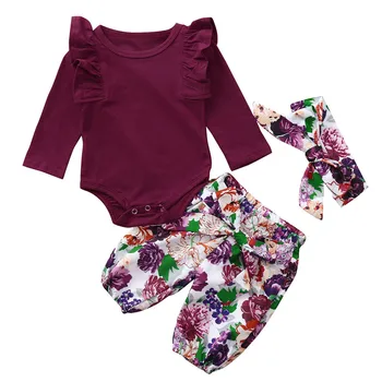 

Infant Baby Girls Clothes Sets Long Sleeve Romper Jumpsuit Floral Pants Headbands Set baby girl clothes bebek giyim