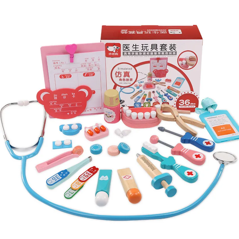 

Children Wooden Doctor Set Toy Dentist Medicine Box Accesories Kit Simulation Doctors Pretend Play House Toys For Kids Baby Gift