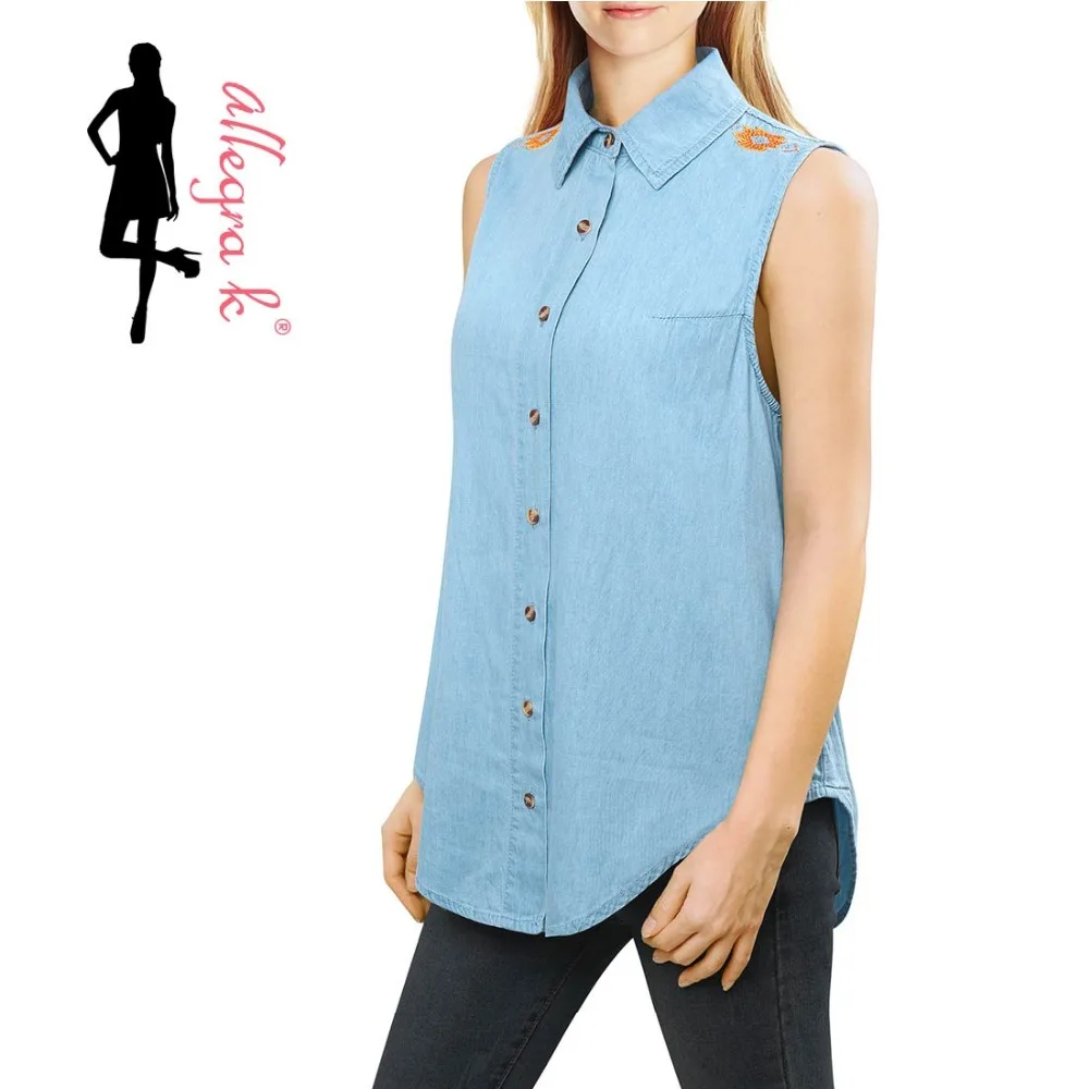 Allegra K Women Embroidered Sleeveless Denim Shirt W Cut