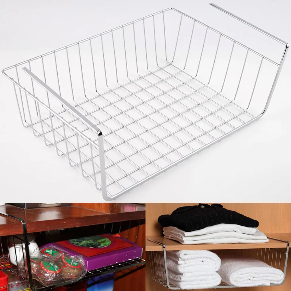 

White/Silver Kitchen Under Shelf Storage Basket Lightweight Metal Organiser Rack