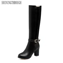 Блестящие Женские ботинки в байкерском стиле; сапоги для верховой езды с круглым носком на массивном каблуке; женские сапоги до колена; Цвет Черный; размеры 34-39