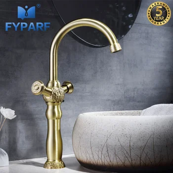 

FYPARF Gold Bathroom Faucet Waterfall Tall Tap Dual Handle Mixer Water Sink Faucet Cold Hot Brass Vintage Sinks Bathroom Taps
