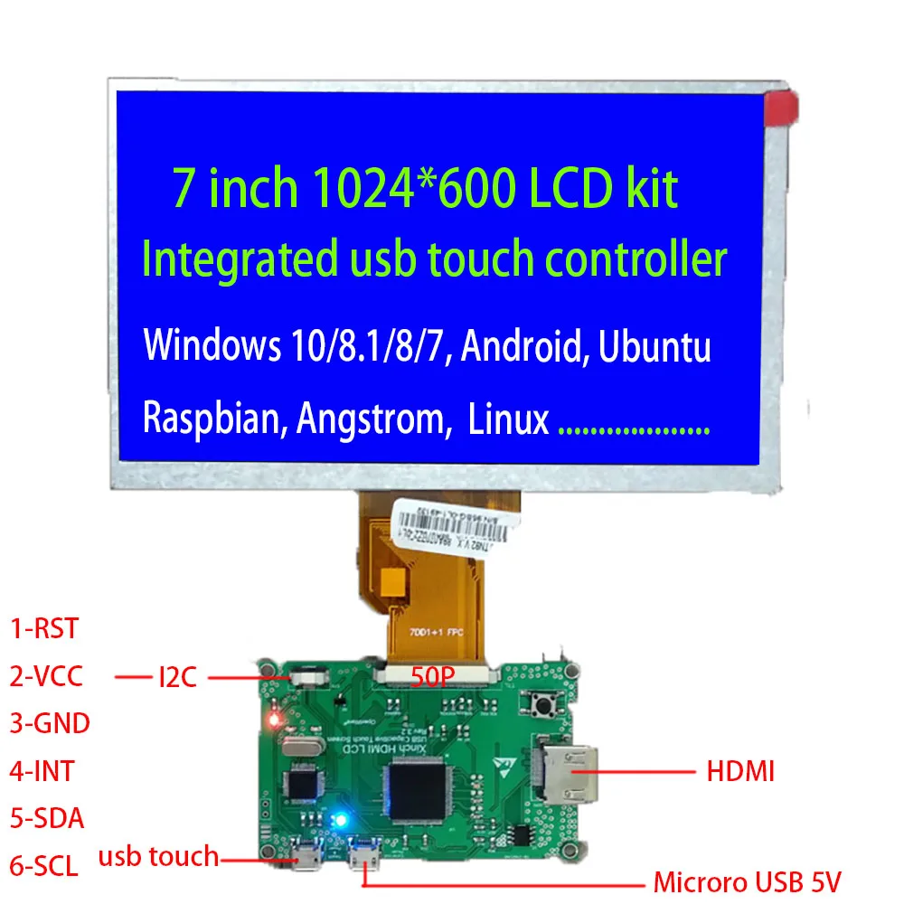 

7inch HDMI lcd Kit Driver Board Integrated USB Touch Controller DC5V 1024*600 Support WIN7 8 10 Linux Raspberry Pi Ubuntu